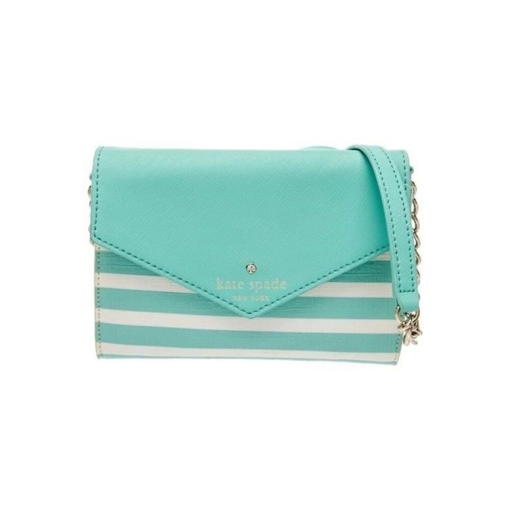 Kate Spade Mint Green & White Striped Crossbody Wallet With Chain Strap